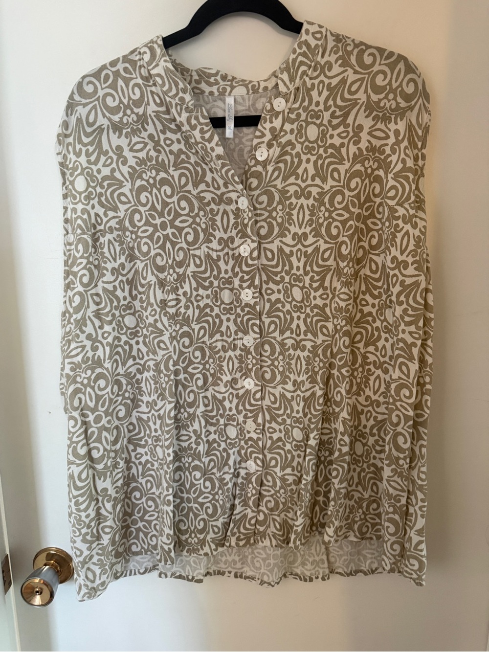 Blue Sky Clothing Co Linen Bamboo Tunic Blouse XL Beige White Boho Lagenlook